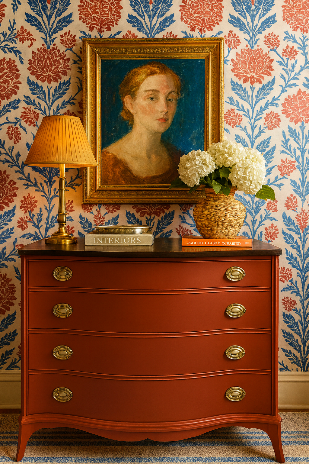 Red dresser with gold accents against floral wallpaper. Shackteau Interiors Milk Paint Tuck’s Red