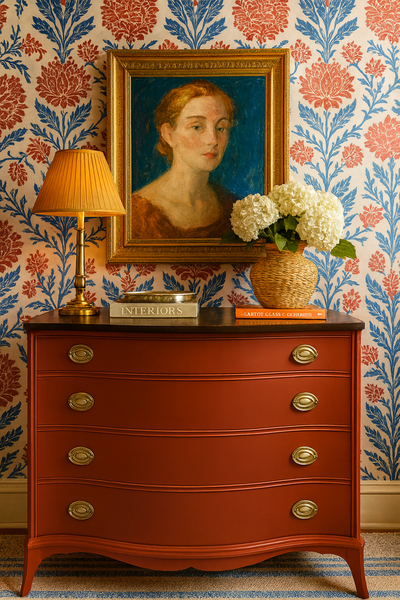 Red dresser with gold accents against floral wallpaper. Shackteau Interiors Milk Paint Tuck’s Red