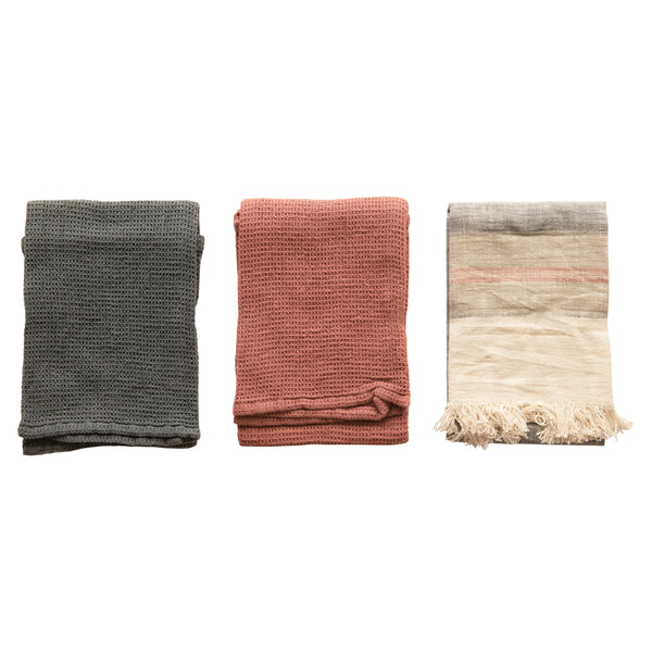 Charcoal and Coral Striped Cotton Towel Set - Shackteau Interiors, LLC