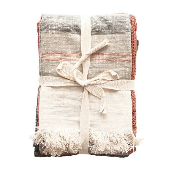Charcoal and Coral Striped Cotton Towel Set - Shackteau Interiors, LLC
